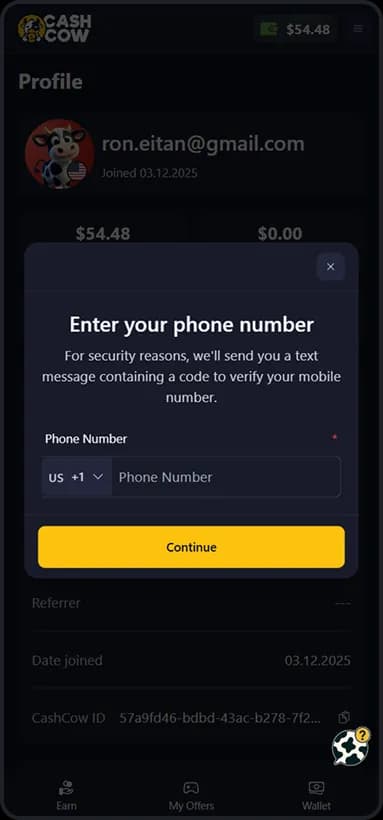 Enter phone number screen