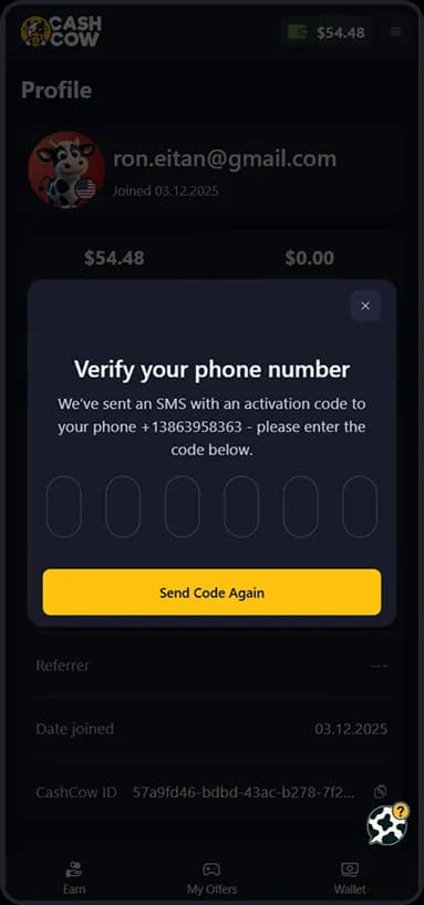 Profile page with phone verification
